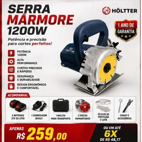 Serra Mármore 1200W 220V + Disco Diamantado + Acessórios<br><br>Preço<br>R$ 273,00 no Pix