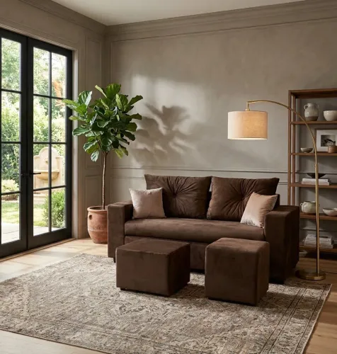 Sofá 3 lugares com centro, puff e almofadas decorativas grátis 