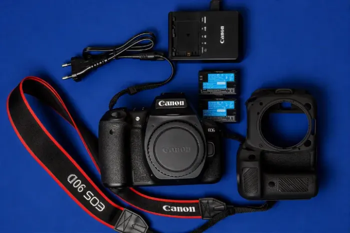 CANON 90 D + 2 baterias + capa de silicone + estabilizador de filmagem + alça de coluna