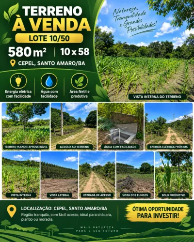 Terreno à Venda 580m² - 10x58 - Cepel, Santo Amaro/BA -*