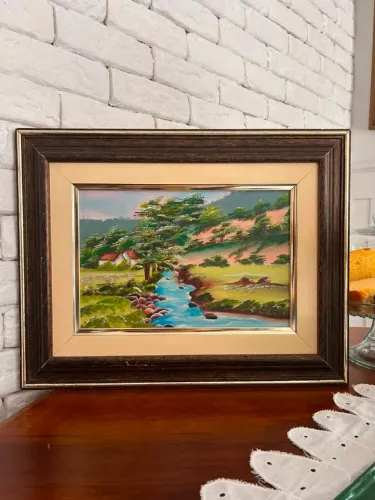 Quadro Antigo Óleo sobre Tela Paisagem Riacho e Casario 35,5x45,5cm