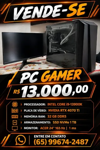 PC Gamer i9-13900K + RTX 4070 Ti, 32GB DDR5 + Monitor Acer 165Hz