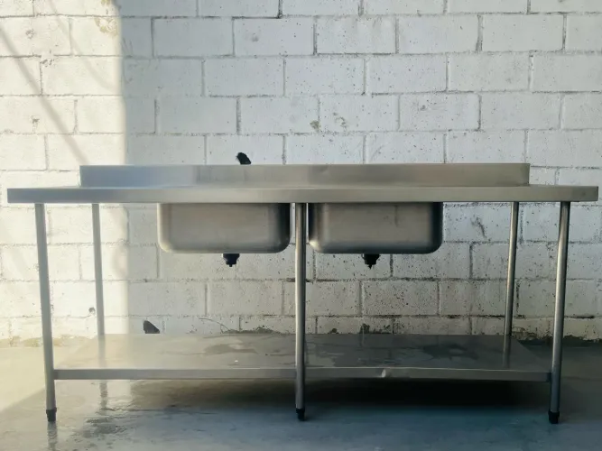 Mesa Pia Aço Inox Com Paneleiro E Duas Cubas 50x40x25cm - 200x60x80cm