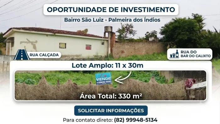 TERRENO À VENDA - ÓTIMA OPORTUNIDADE DE INVESTIMENTO EM PALMEIRA DOS ÍNDIOS