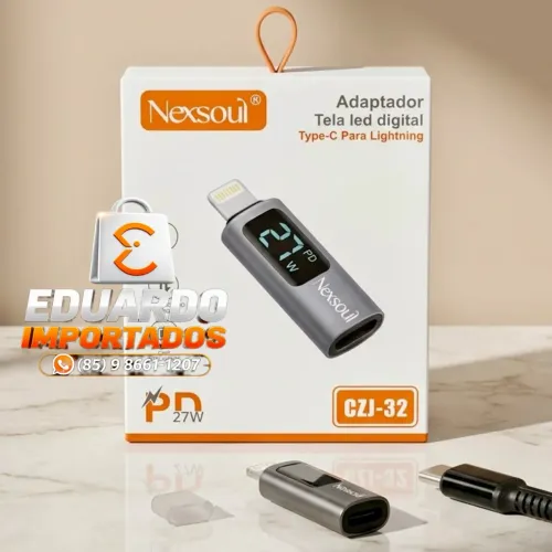 Adaptador Lightning iPhone Macho X Tipo-c Fêmea - 27W PD Com Visor LED Digital