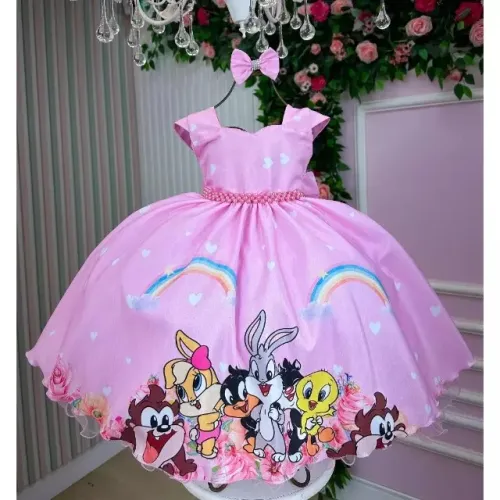 Vestido Infantil Looney Tunes Baby Rosa Azul + Laço de Cabelo Temático Festa Luxo 
