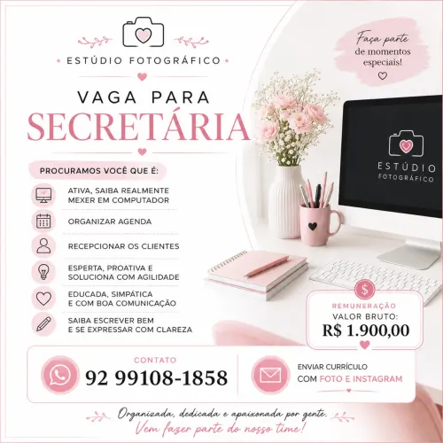 Vaga secretária estúdio fotográfico | centro de Manaus | R$1.900