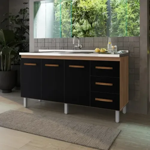 Balcão de Cozinha 1,60m Larg - 3 Portas + 3 Gavetas - Armário - Gabinete Móvel Organização