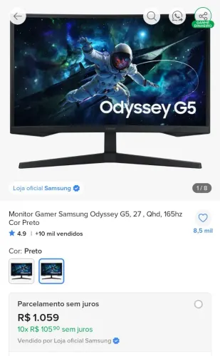 Monitor Gamer Samsung Odyssey G5, 27 , Qhd, 165hz Cor Preto