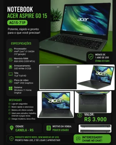 Notebook Acer Aspire Go 15 I5 13º geração + SSD 512GB | NOVO | R$3.900