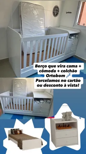 Berço que vira Cama e cômoda + colchão Ortobom