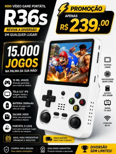 Vídeo game portátil R36s com 15 mil jogos
