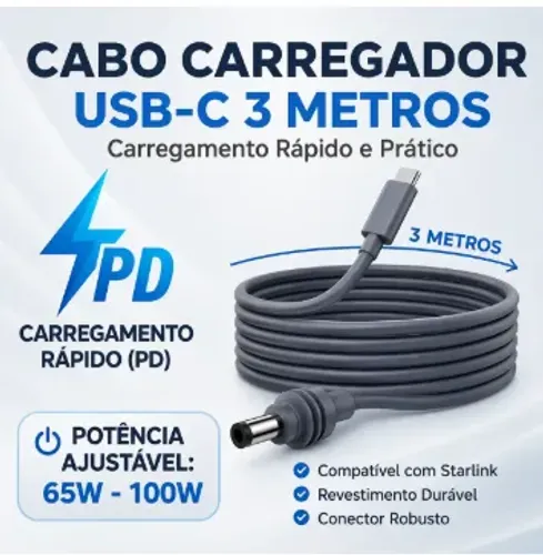 Cabo Para Starlink Mini Usb C Dc Usbc Pd Powerbank 3 Metros