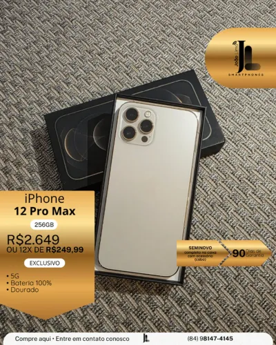 IPHONE 12 PRO MAX, 256GB, DOURADO, BAT 100%, SEMINOVO, EXCLUSIVO!