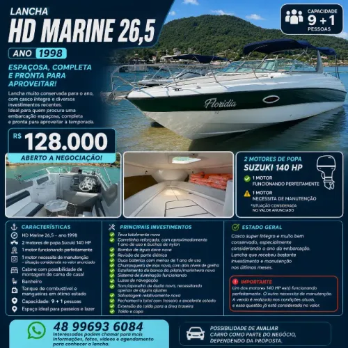 LANCHA HD MARINE 26,5 - 1998 | R$ 128.000