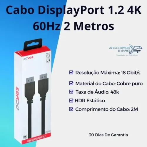 Cabo DisplayPort 1.2 4K 60Hz 2 Metros - Lacrado
