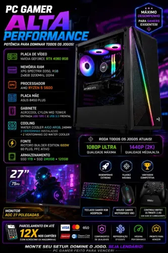 PC GAMER COMPLETO RTX4060+RYZEN 5 5600+MONITOR 27 POLEGADAS+CONTROLE 8BITDO COM BASE