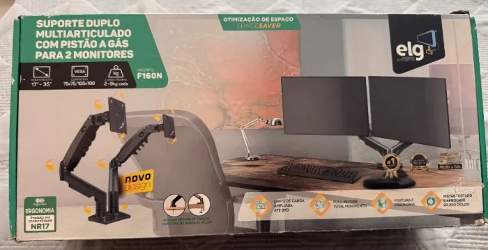 SUPORTE DUPLO ARTICULADO ELG F160N COM PISTÃO A GÁS PARA 2 MONITORES - PREMIUM FULL MOTION