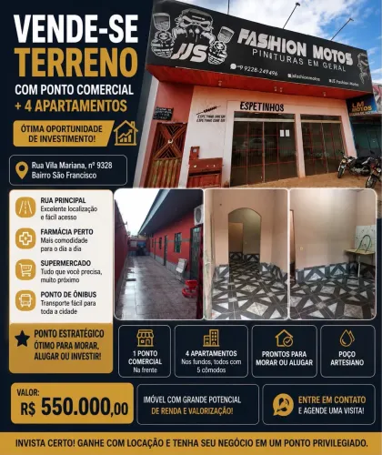 1 ponto comercial na frente e 4 apartamentos nos fundos