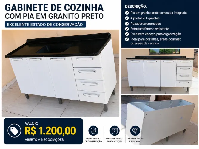 Gabinete de Cozinha com Pia em Granito Preto - Excelente Estado