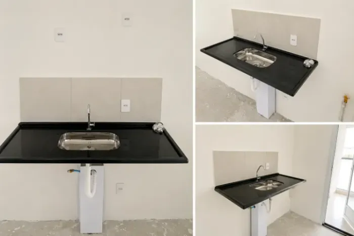 Pia de Granito Preto com Cuba de Inox e Torneira - Nova