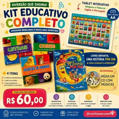 Kit infantil: Tablet interativo + livro de histórias+3 livros de aprendizagem
