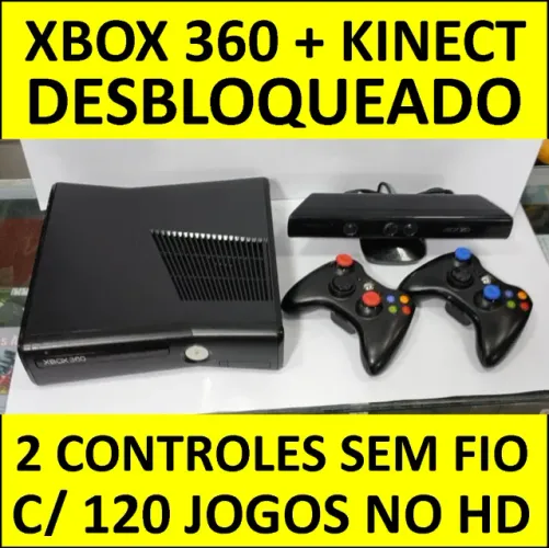 xbox 360 c/ 2 controles + kinect + 120 jogos no hd