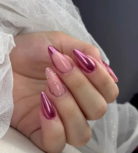 Unhas acrílicas Rosas com Efeito Cromado
