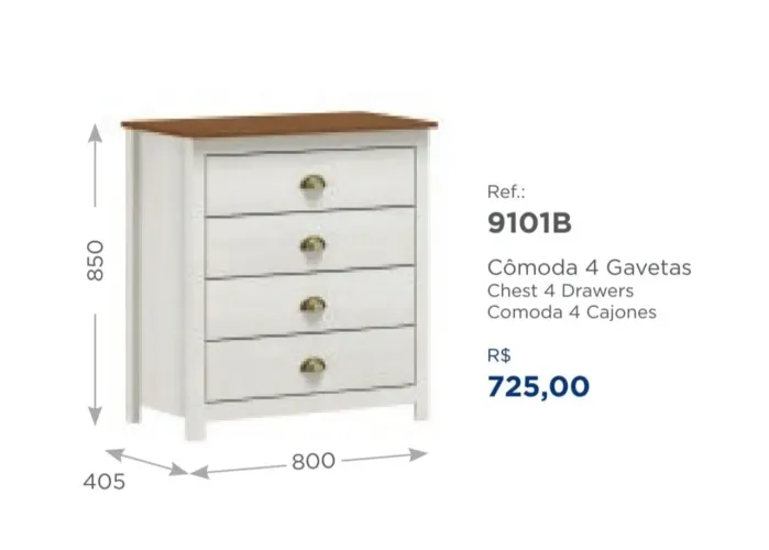 Cômoda 4 Gavetas madeira maciça 