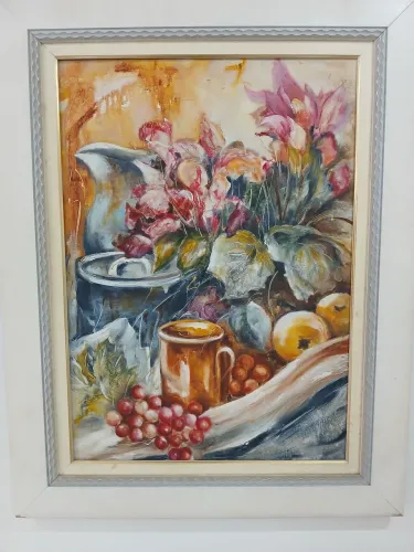 Quadro óleo sobre tela - Flores e frutas 70 x50 cm