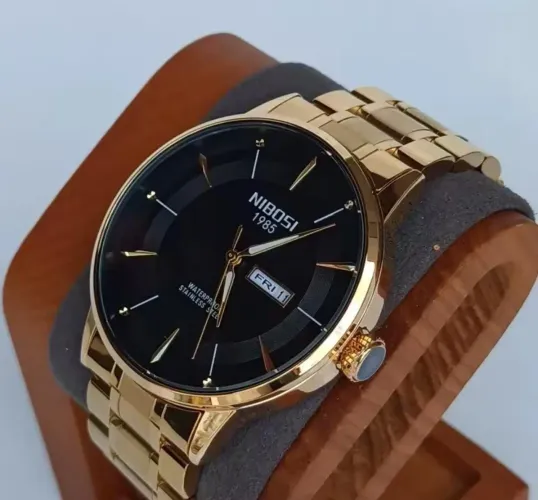  Relógio NIBOSI 1985 Gold Black | Aço Inox + Day-Date Original