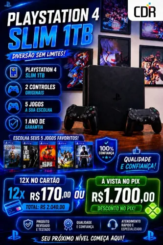 PS4 Slim 1TB Seminovo com 2 controles + 5 jogos e 1 Ano de garantia