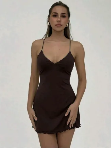 Aloruh Vestido Slip Curto Sem Mangas e Decote Nas Costas em Cor Sólida Sexy para Mulheres