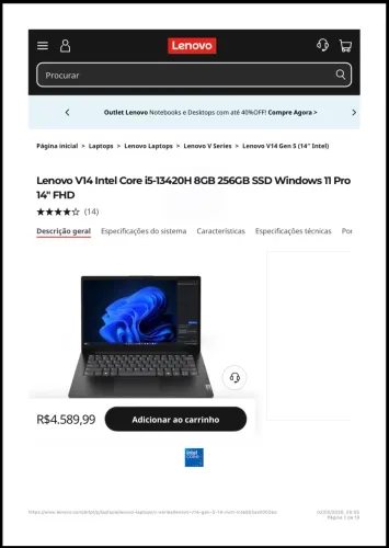 Notebook Leno 14 polegadas