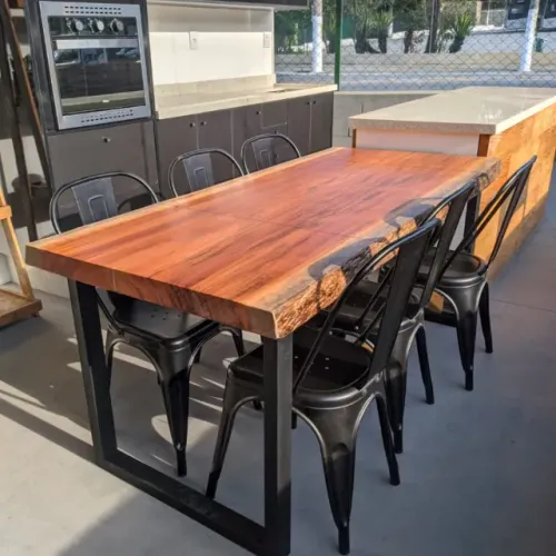 Mesa De Jantar em Tronco Estilo Industrial Tampo De Madeira Maciça Pé Aço Galvanizado