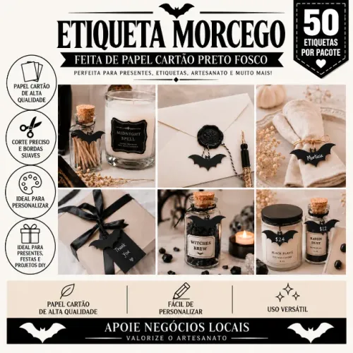 50 Etiquetas Gotica Morcego Tag Preta Presente Embalagem Artesanato Halloween Festas