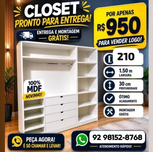 Closet a pronta entrega 2.10 altura completo 