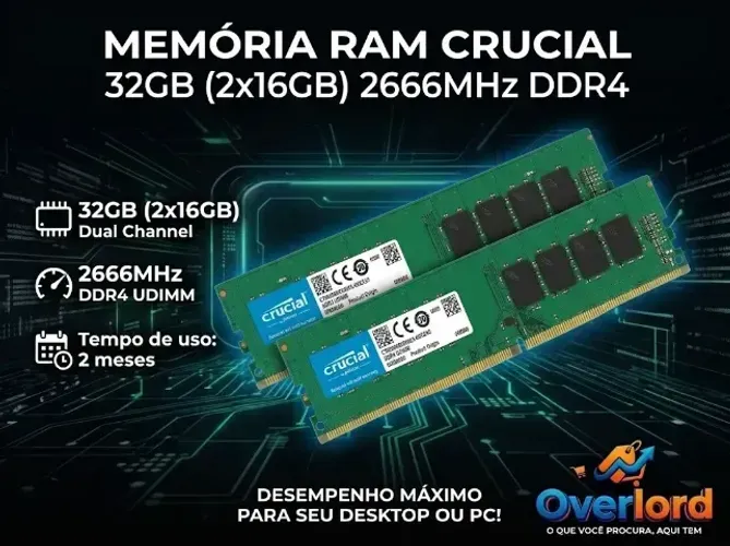 Memória Ram Crucial Para Desktop 32gb (2x16gb) 2666mhz (Tempo de uso: 1 mês)