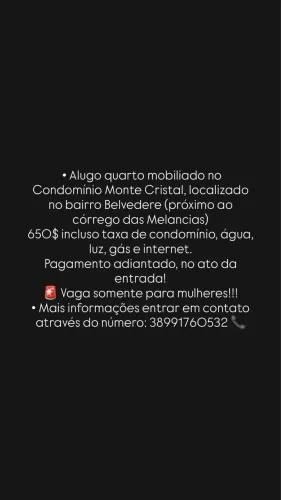 Alugo quarto mobiliado no Condomínio Parque Monte Cristal, bairro Belvedere.