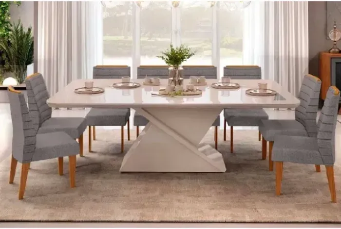 Mesa de Jantar com 8 Cadeiras e Tampo em Vidro