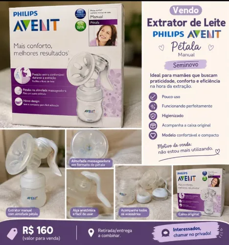 Vendo extrator manual de leite Philips Avent Pétala, seminovo e muito bem conservado.