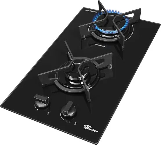 FISCHER COOKTOP À GÁS 2 BOCAS FIT LINE TREMPE IRON MESA VIDRO PRETO BIVOLT