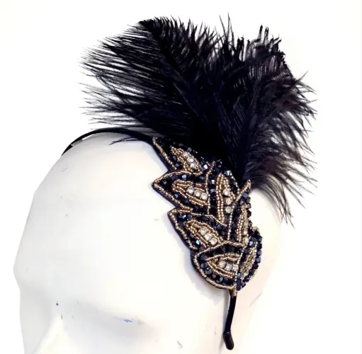 Headband Flapper Gatsby com Plumas e Bordado, Preto/Dourado, Luxo