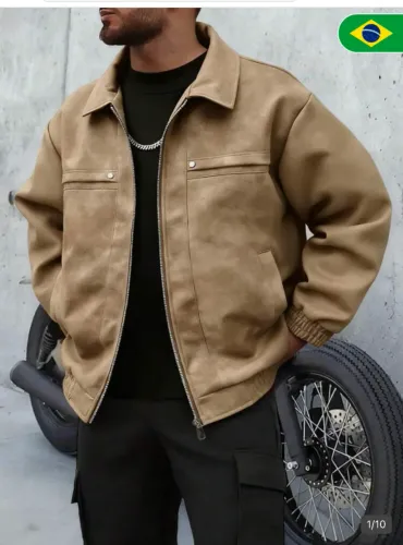(NOVA) Jaqueta de Couro Vintage com Zíper Masculina 