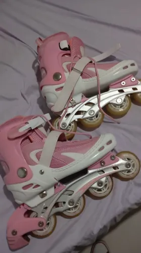 Patins inline feminino ajustável Oxer rosa e branco, super lindo e confortável 