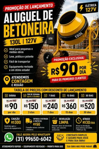 Aluguel de Betoneira 130L - Contagem e Região