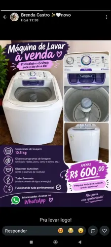 VENDO MÁQUINA DE LAVAR ELETROLUX 10.5 POR 600