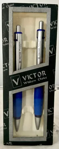 Caneta e Lapiseira Estojo Vintage Victor Prata Azul Anos 90 Sem Uso