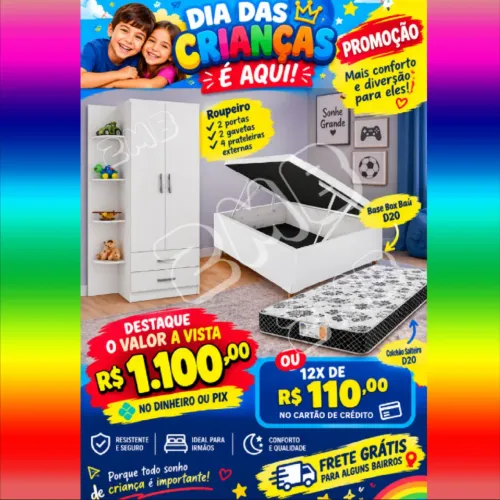 Quarto de Solteiro : Base Baú, colchao solteiro e Roupeiro com prateleiras externas