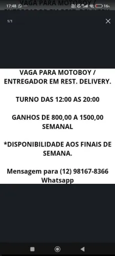 Vaga para entregador / motoboy/ delivery